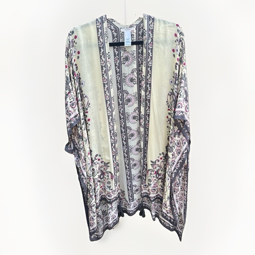 Maurices Womens Kimono Wrap Paisley Floral Tassel Open Front Cardigan Cream Pink